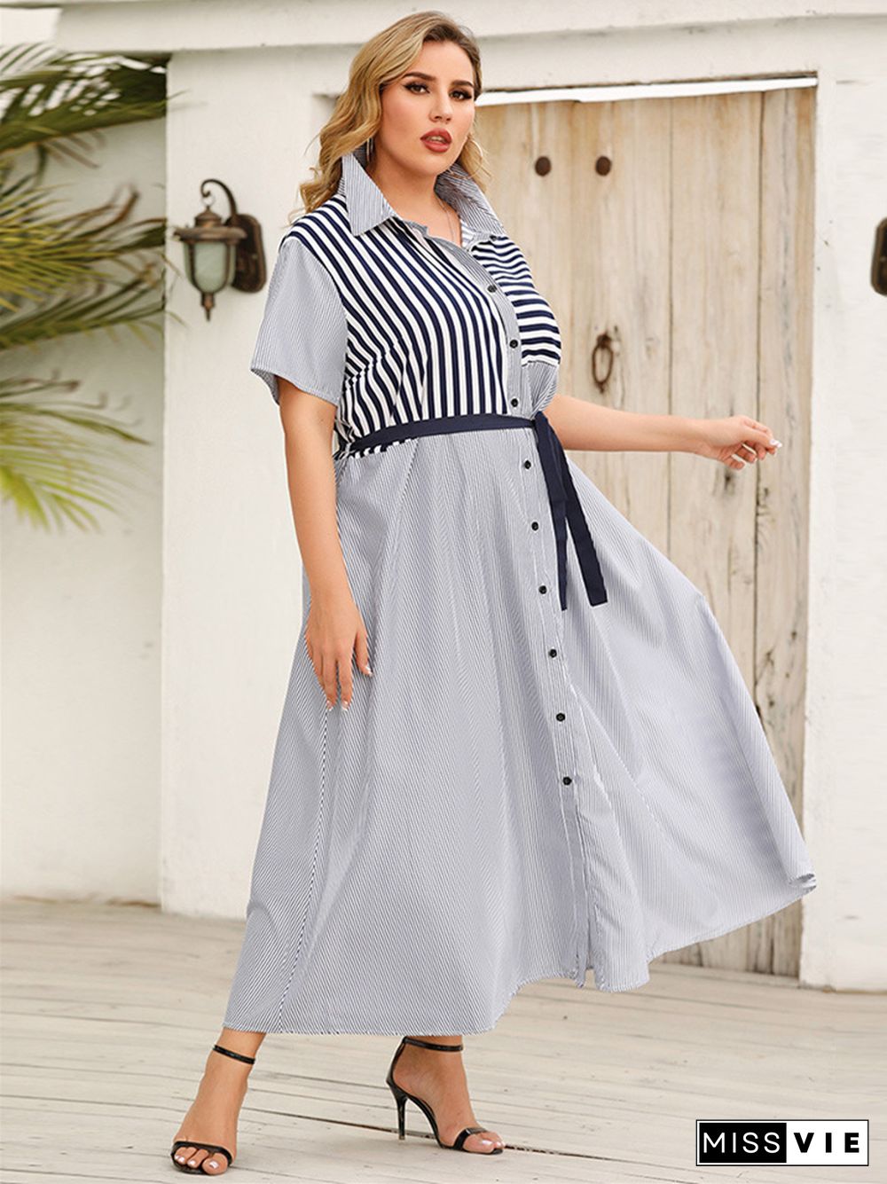 New Polo Stripe Short Sleeve Bandage Shirt Dress