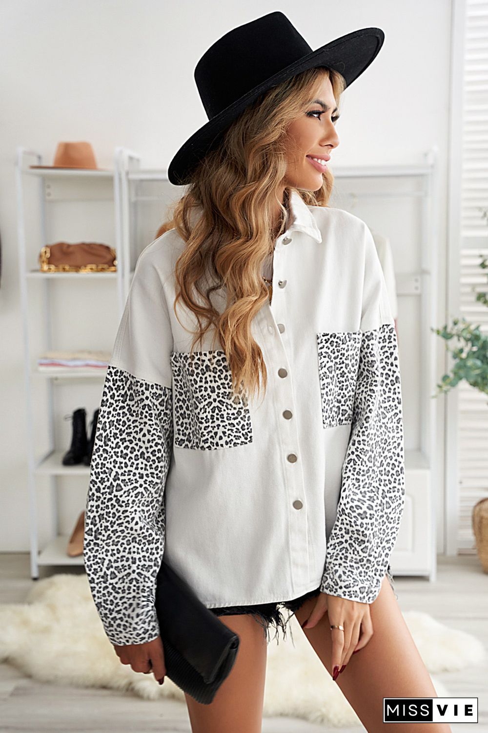 White Contrast Leopard Denim Jacket