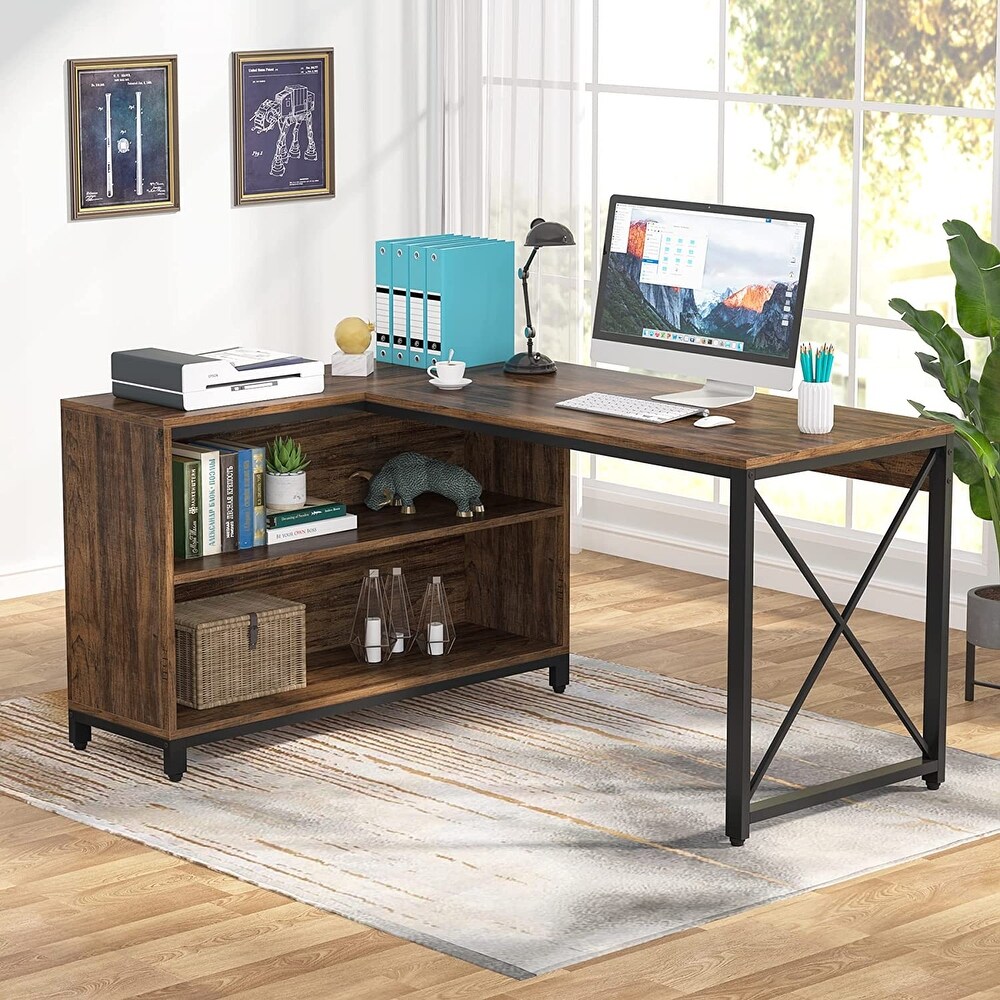 Industrial L Shaped Desk with Storage Shelves  Corner Computer Desk PC Laptop Study Table Workstation