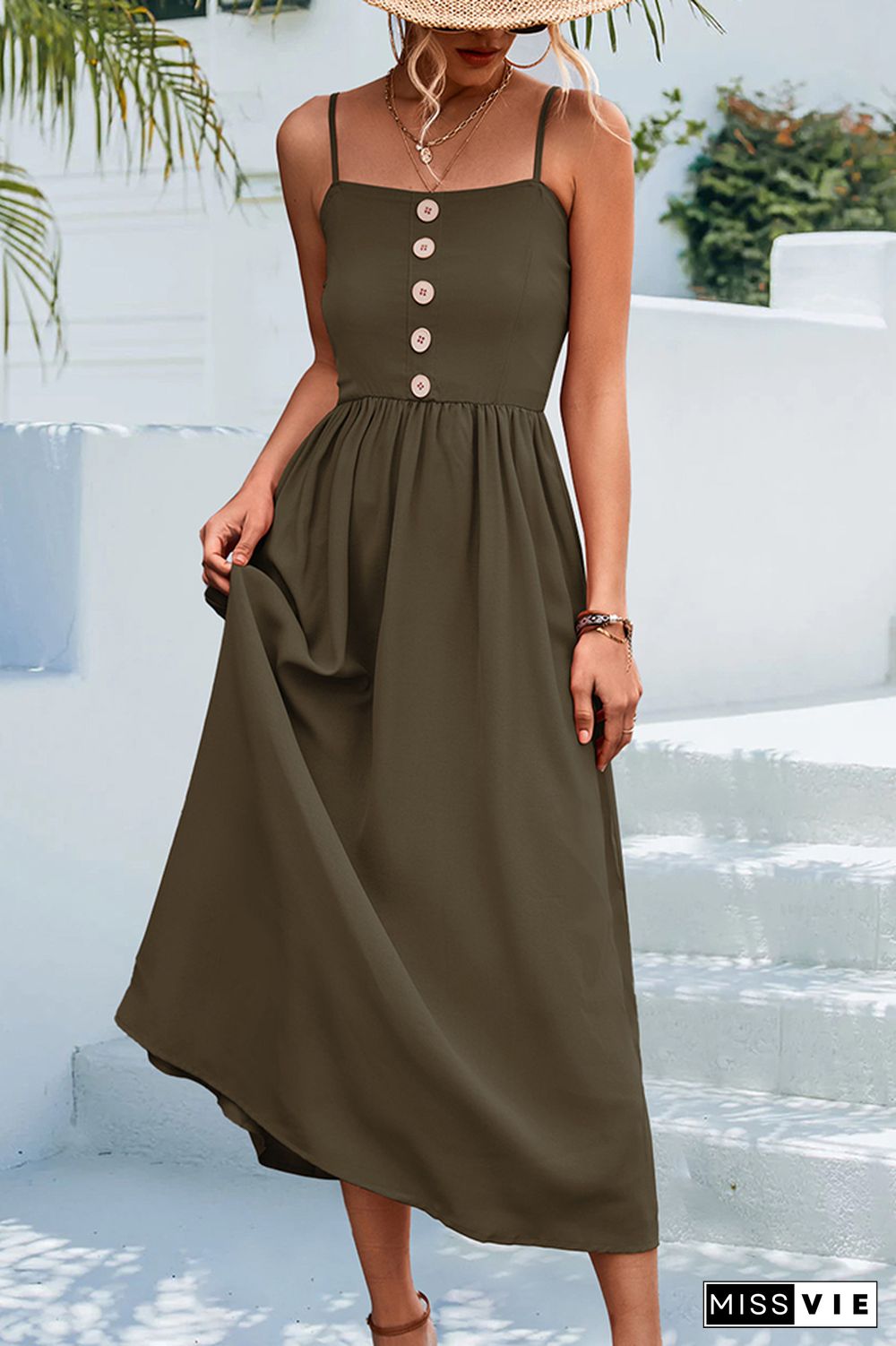 Sleeveless Buttoned Spaghetti Long Dress