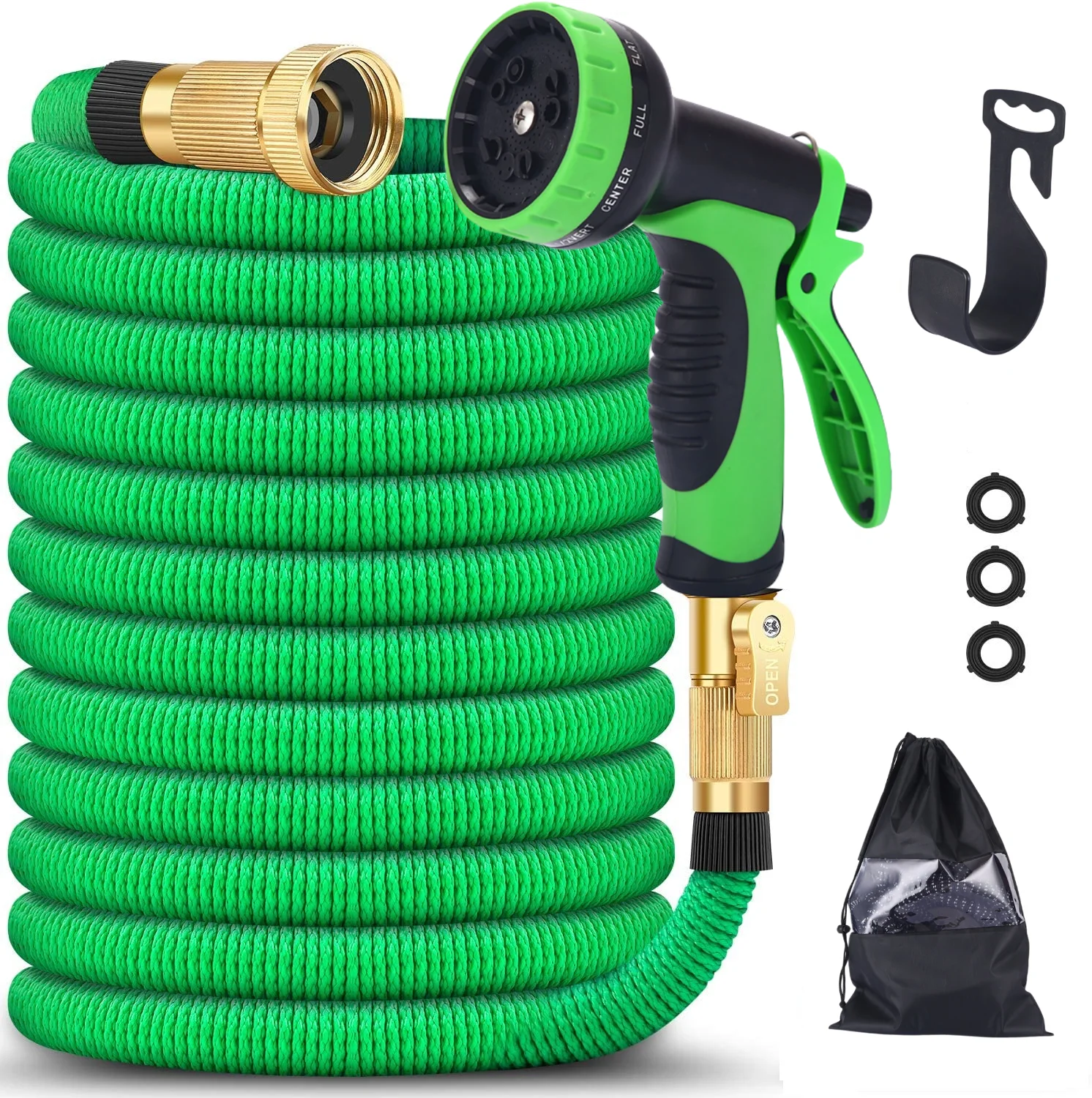 Green Expandable Hose Garden Supplies on/off Brass Valve 2500D Fabric TPE inner tube with 10 pattern spray nozzle