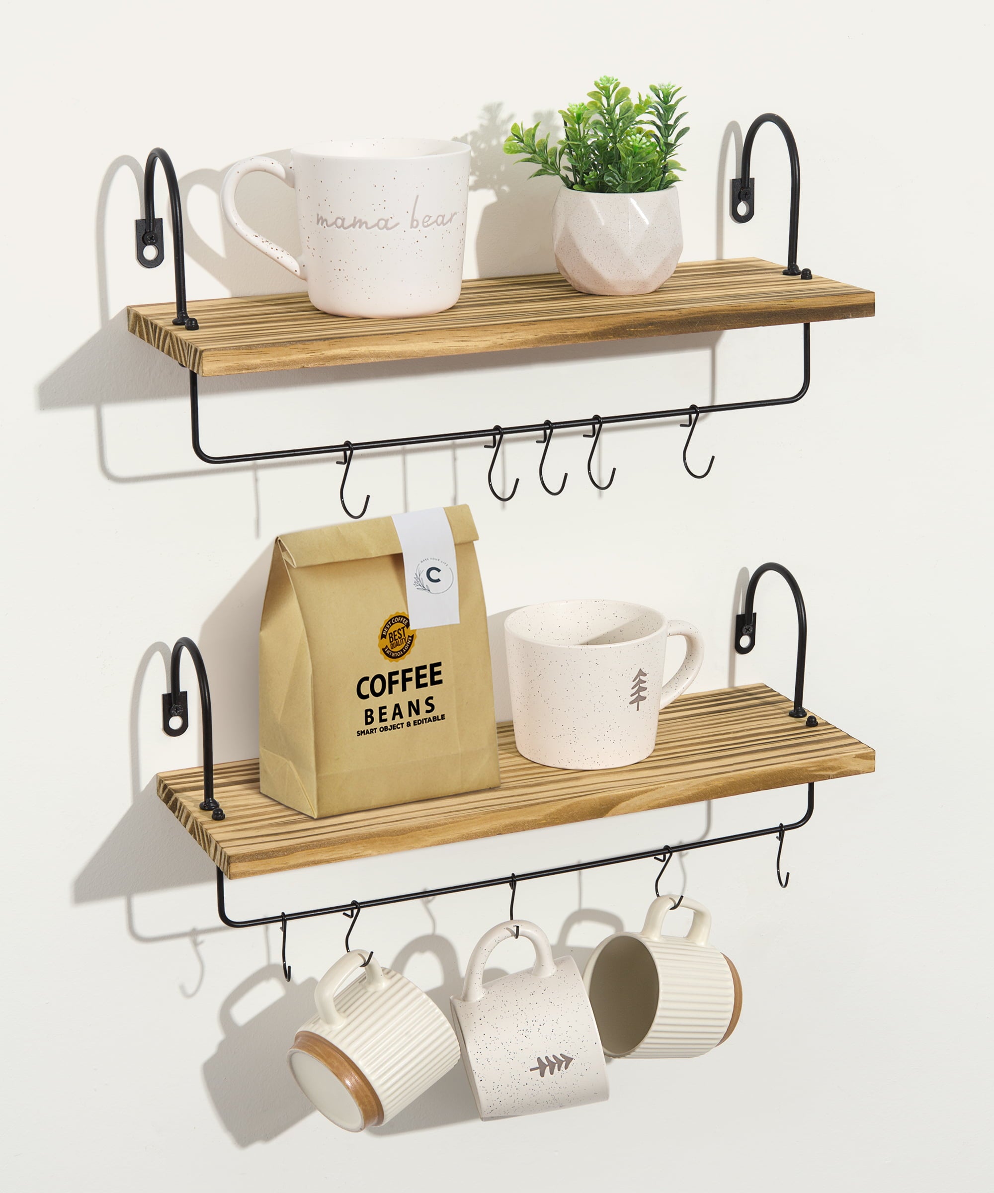 Afuly Floating Shelves with Hooks, Set of 2 Rustic Wall Mounted Wooden Decorative Storage Shelves with Towel Rack for Coffee Bar, Kitchen, Living Room