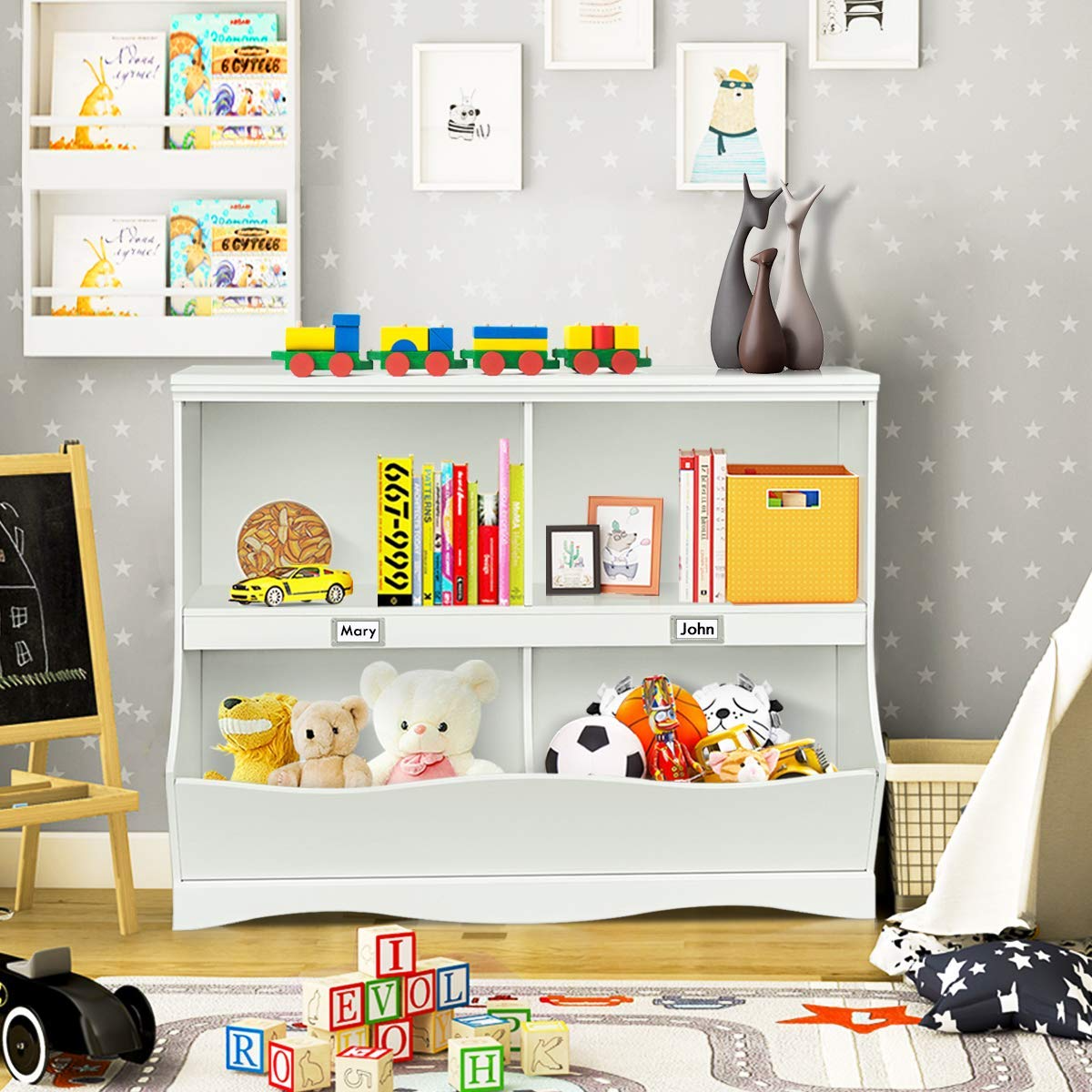 Costzon 4-Cubby Kids Bookcase with Footboard, Multi-Bin Children's Organizer Shelf with 2 Shelf and 4 Bin (White)