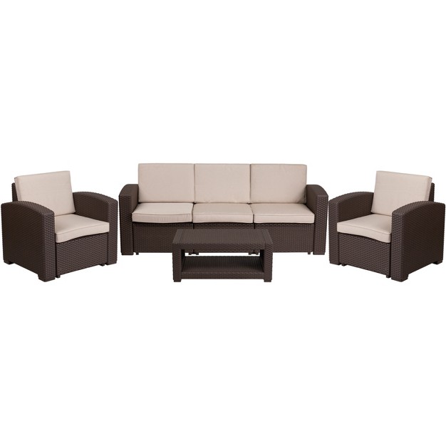 Flash Furniture 4 Piece Outdoor Faux Rattan Chair Sofa And Table Set In Chocolate Brown