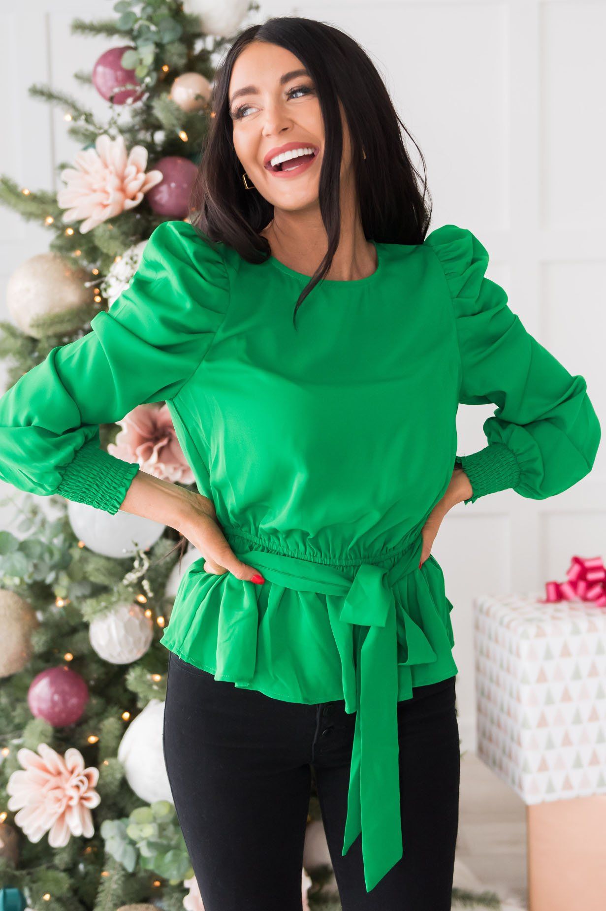 Santa's Helper Puff Sleeve Modest Blouse