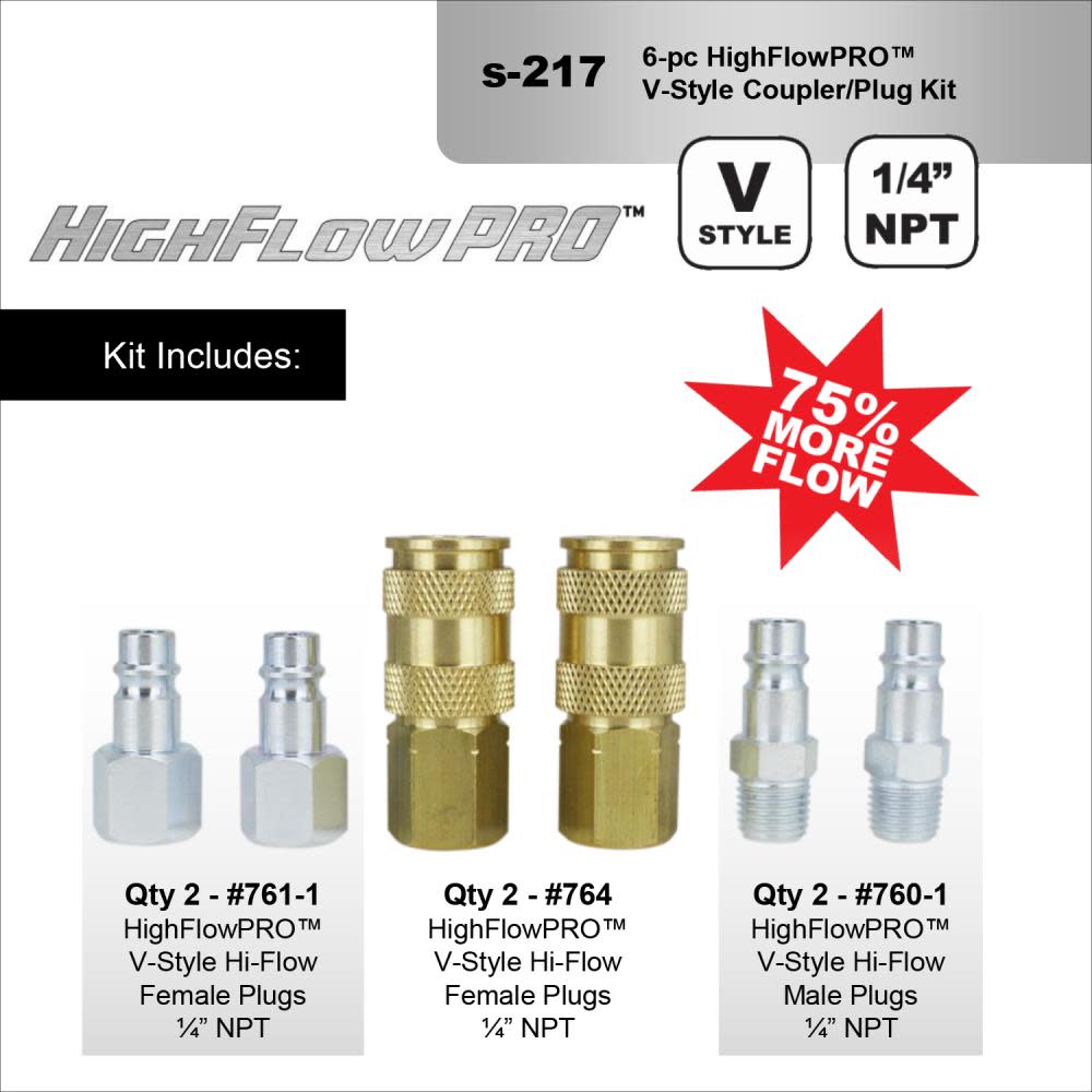 Milton® S-217 1/4 NPT HIGHFLOWPRO™ V-Style/European Interchange Air Coupler and Plug Fitting Kit (High Volume Low Pressure Application) -6 Piece