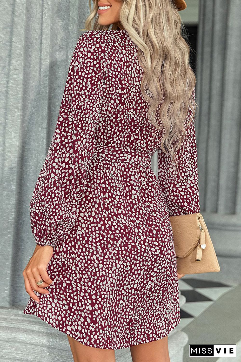 Leopard Print Waist Belt Long Sleeves Mini Dress