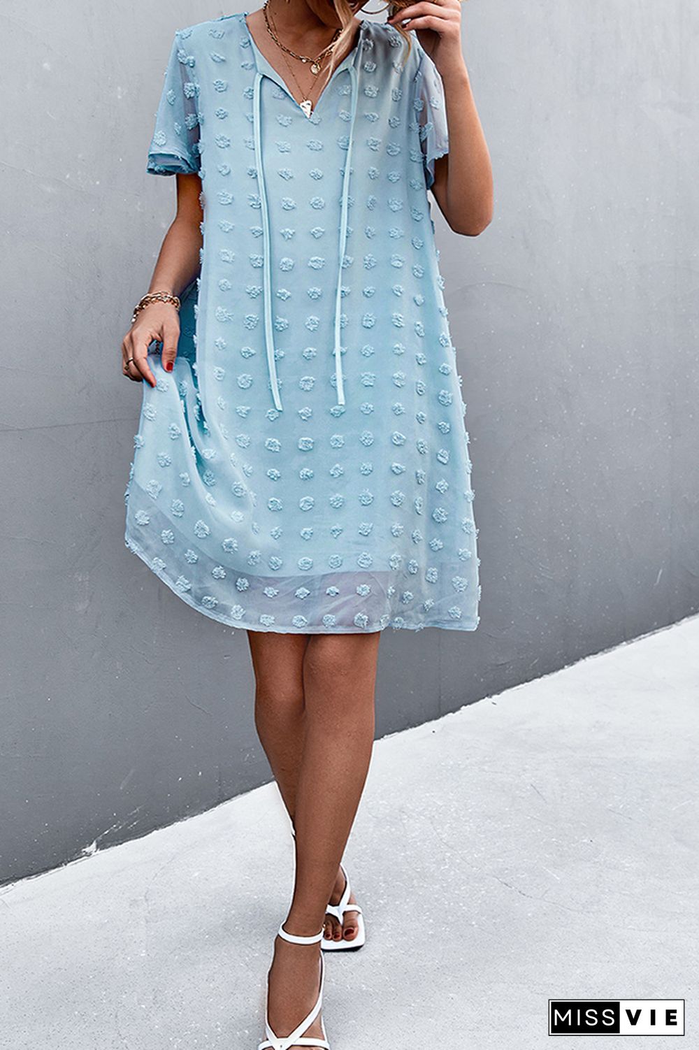 Jacquard Tie V-neck Short Sleeve Dress Wholesale