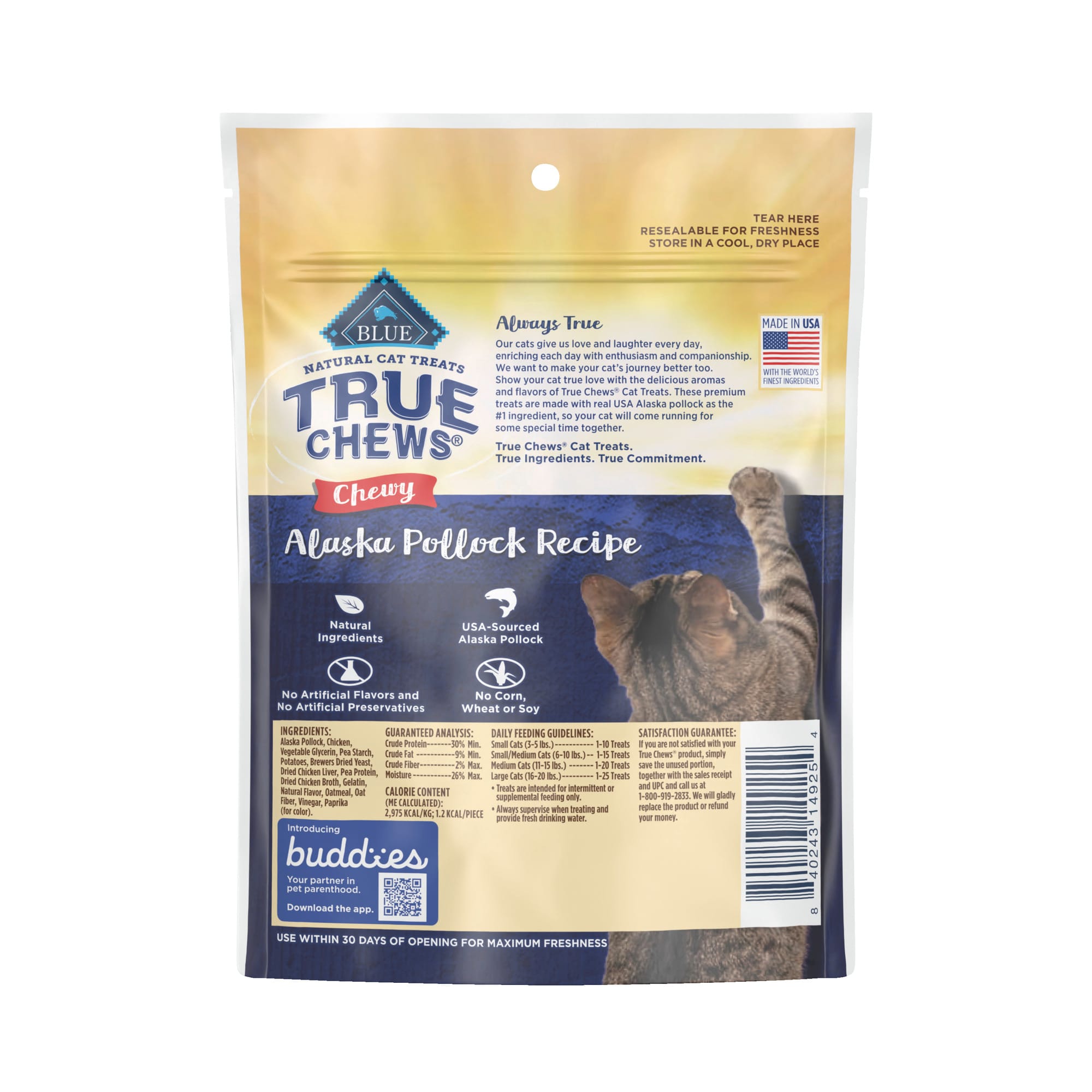 Blue Buffalo True Chews Natural Alaska Pollock Chewy Cat Treats， 3 oz.