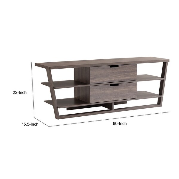 60 Inch TV Media Entertainment Console， 4 Floating Shelves， 2 Drawer， Brown