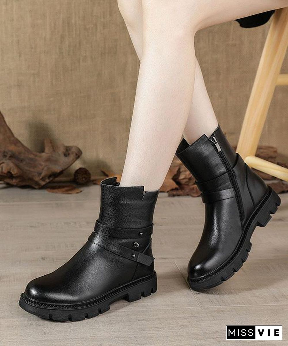 Black Genuine Leather Platform  flat boots