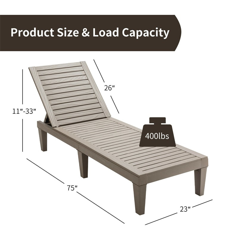 Outdoor Chaise Lounge Chair Patio Recliner, Adjustable with 5 Positions, Wood Texture Design, Waterproof, Easy to Assemble