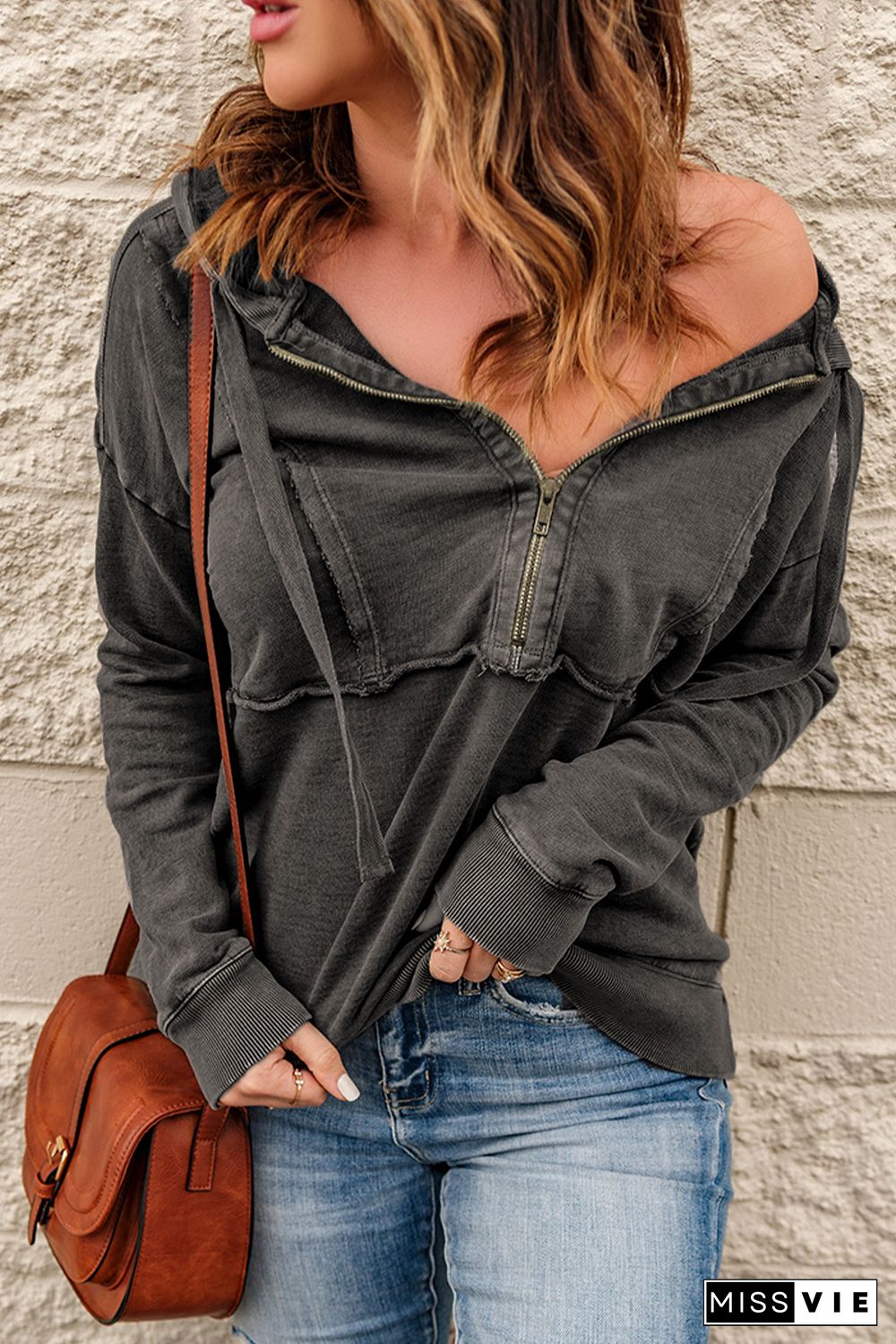 Gray Zipped Front Stitching Hooded Sweatshirt