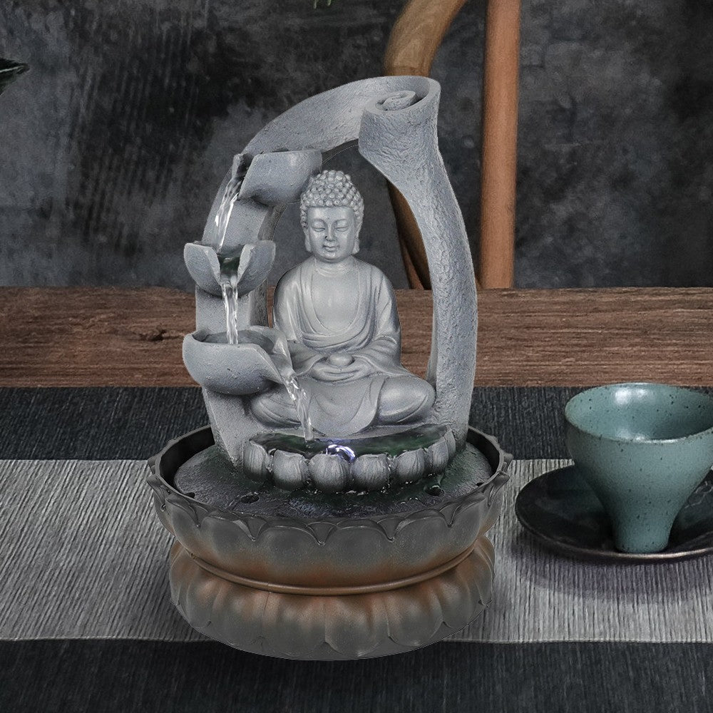 Willwolf Indoor Zen Buddha Fountain with LED Light，Indoor TableTop Water Fountain for Home and Office，Resin Waterfall，Buddha Statue Decor