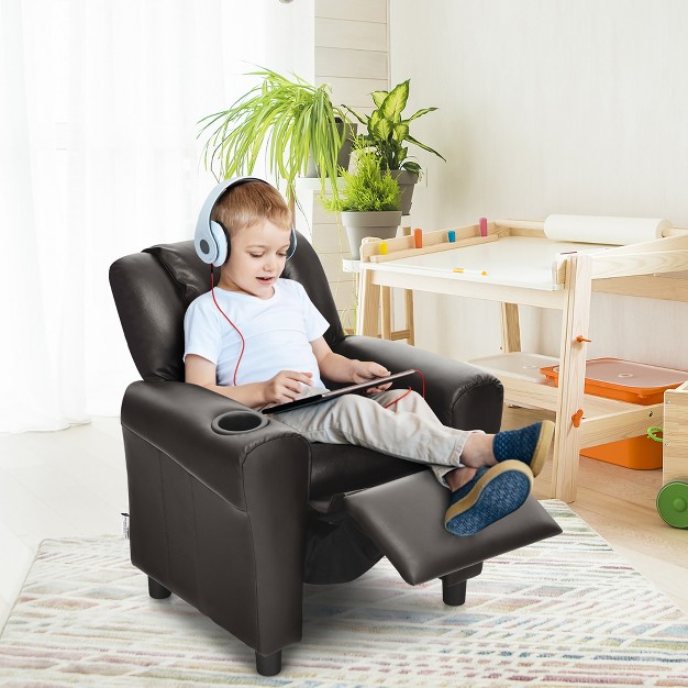 Costway Kids Recliner Chair Pu Leather Armrest Sofa W footrest Cup Holder Beige brown