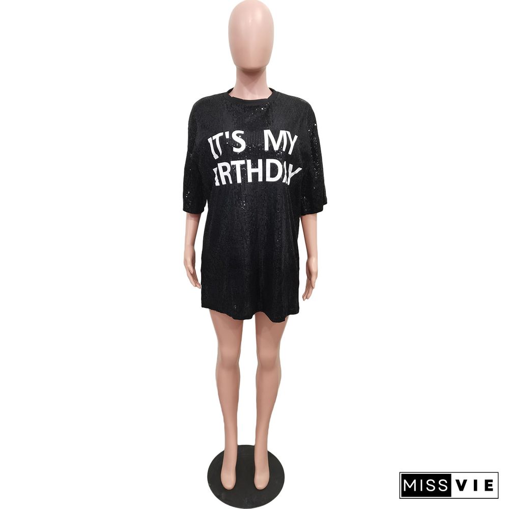 Half Sleeve Loose Sequins Print Letters T Shirt Dress