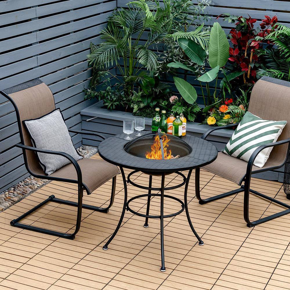 Gymax Black Patio Round Metal Fire Pit Dining Table Charcoal Wood Burning Cooking BBQ Grate GYM09297