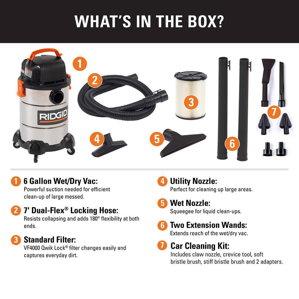 RIDGID 6 Gal. 4.25-Peak HP Stainless Steel WetDry Shop Vacuum with Filter Hose Accessories and Car Cleaning Attachment Kit WD6425B