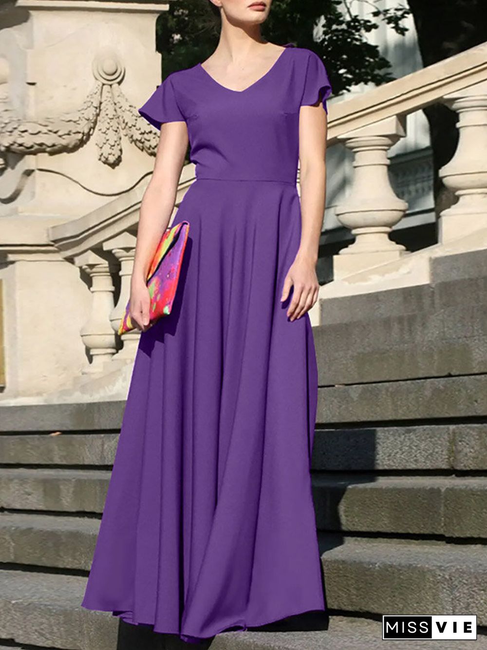 Women Solid Cap Sleeve V-neck Swing Maxi Dress