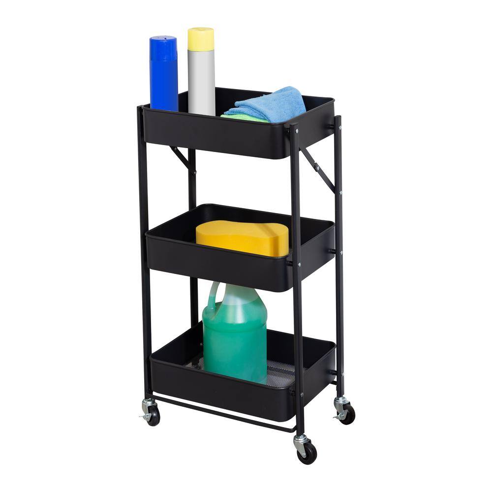 Honey-Can-Do 3-Tier Steel 4-Wheeled Folding Utility Cart in Black CRT-09584