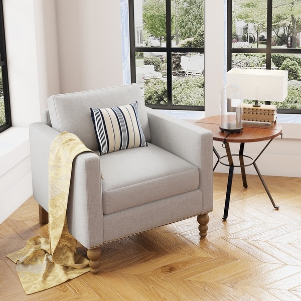 Modern Armchair Accent Chair with Bronze Nailhead Trim Wooden Legs