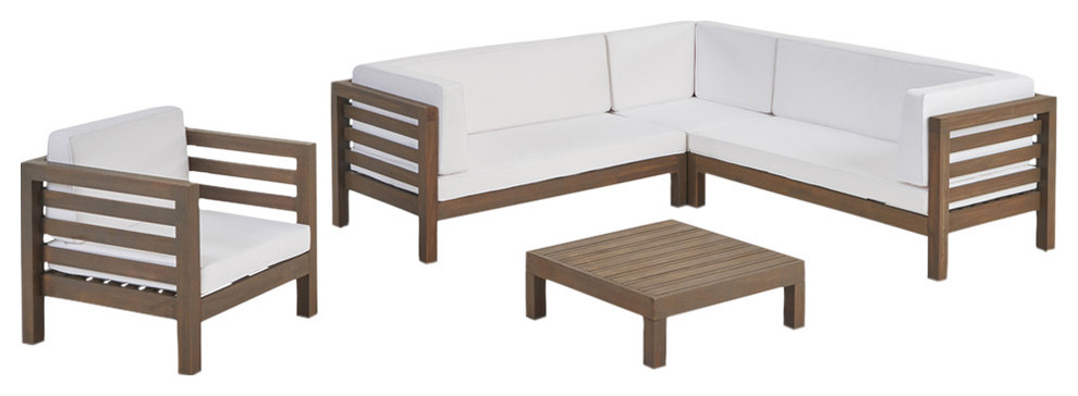 Emma Outdoor 6 Seater Acacia Wood Sectional Sofa and Club Chair Set   Transitional   Outdoor Lounge Sets   by GDFStudio  Houzz