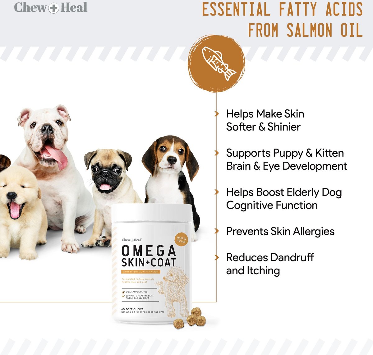 Chew + Heal 4-IN-1 Support Chews Dog Vitamin Supplement and Chew + Heal Omega Skin + Coat Chews Dog Vitamin Supplement， 120 count