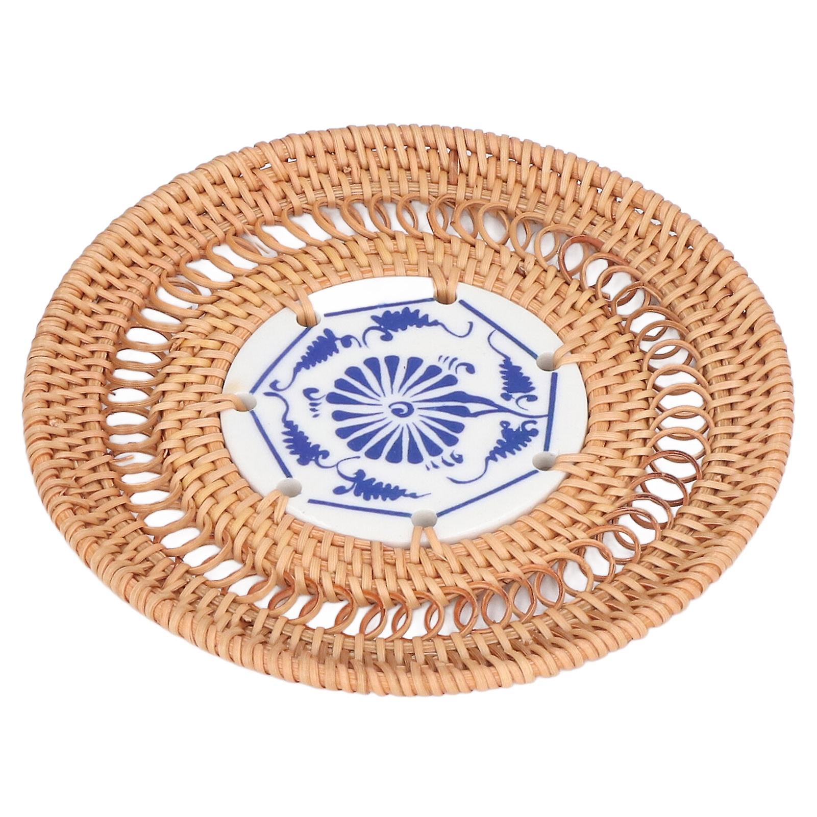 Blue And White Porcelain Coaster Round Woven Rattan Blue White Porcelain Cup Holder For Basil Cups Rattan Cups13cm/5.1in