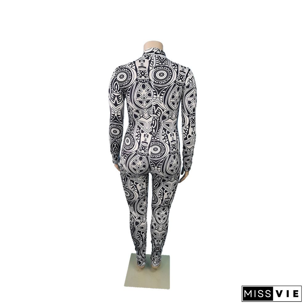 Workout Printing Bodycon Long Sleeve Jumpsuit