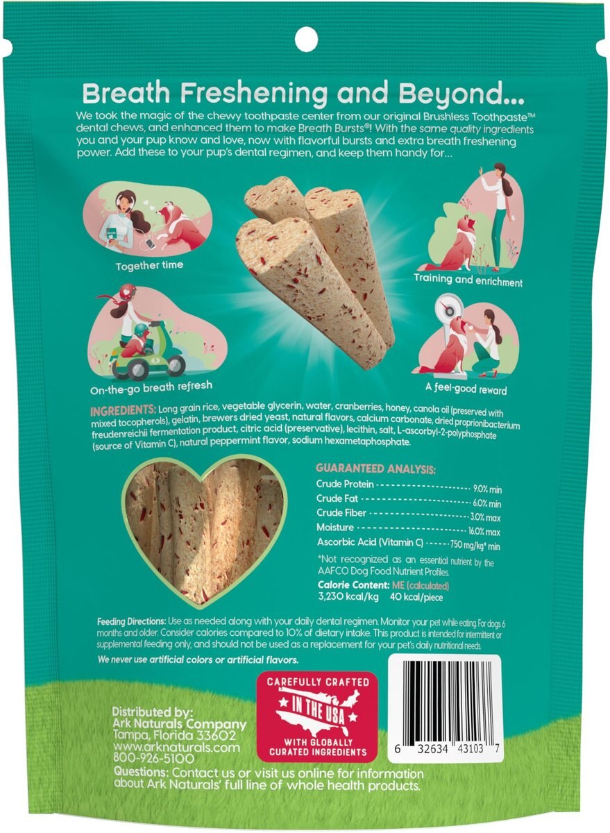 Ark Naturals Breath Bursts Peppermint Sticks Dental Dog Treats， 6-oz bag