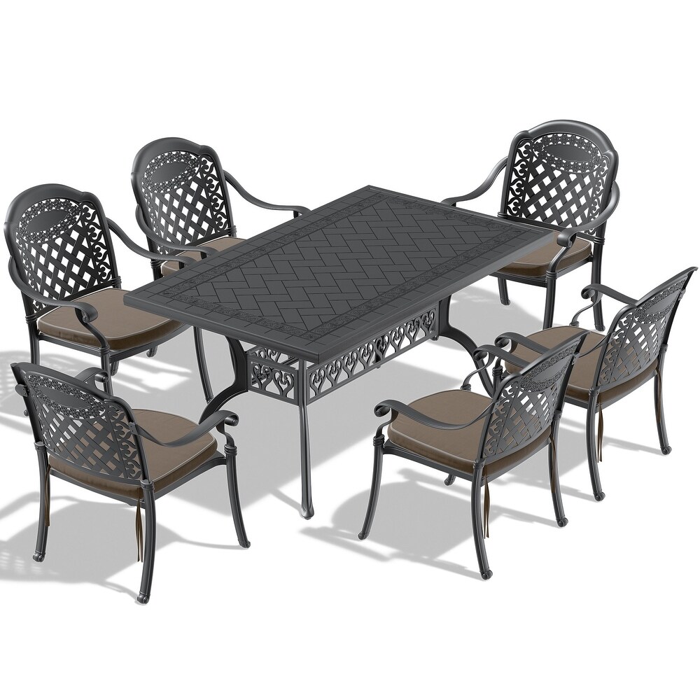 5/7 Piece Cast Aluminum Outdoor Dining Set with 59.06'' L X 35.43'' W Rectangular Table and Random Color Seat Cushions