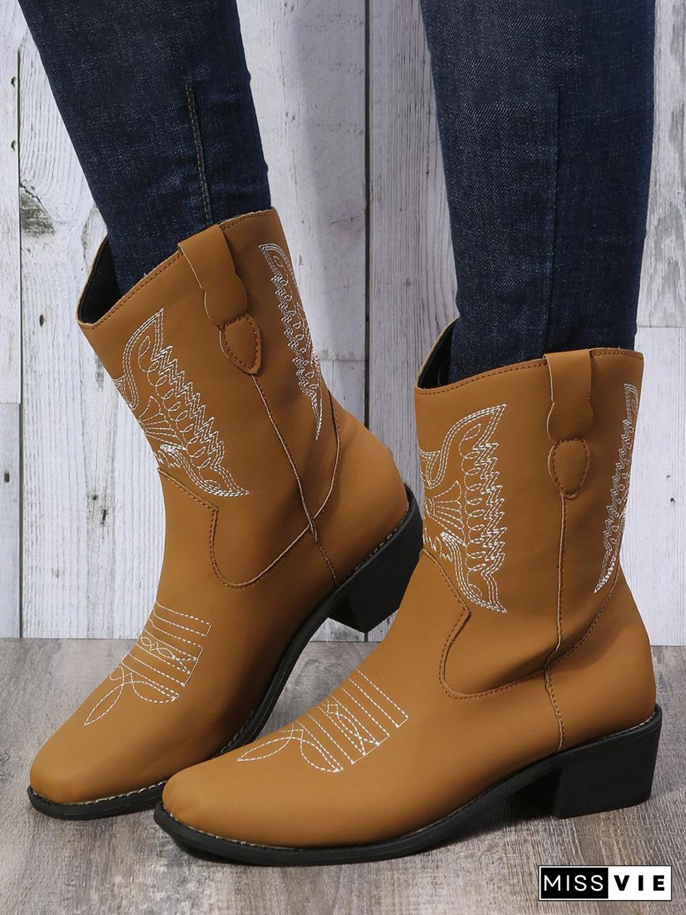 Embroidered Ethnic Chunky Heel Cowboy Boots