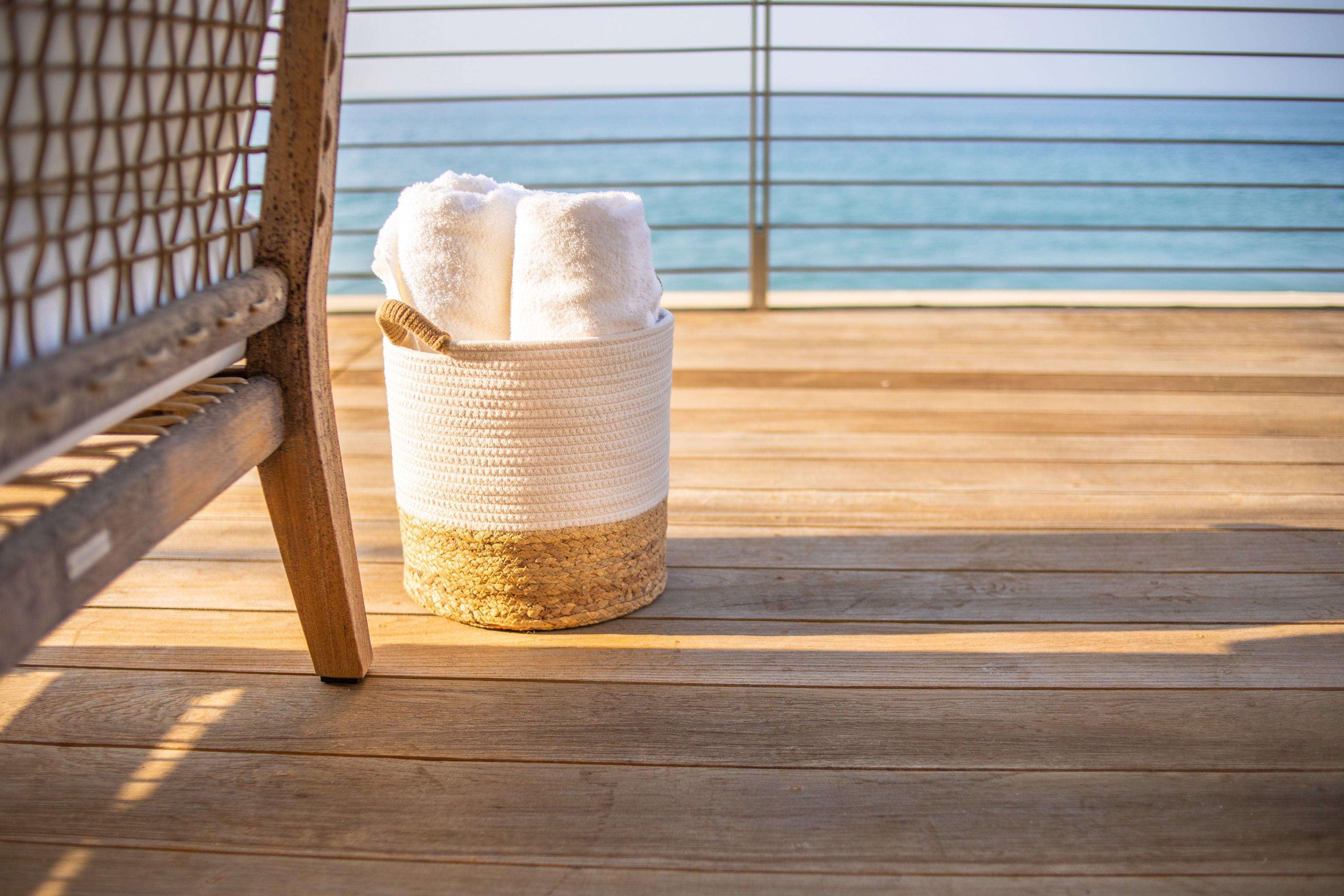 Set of 2 Round Storage Basket, Braided Seagrass & Cotton Rope (MD+SM), Natural & White