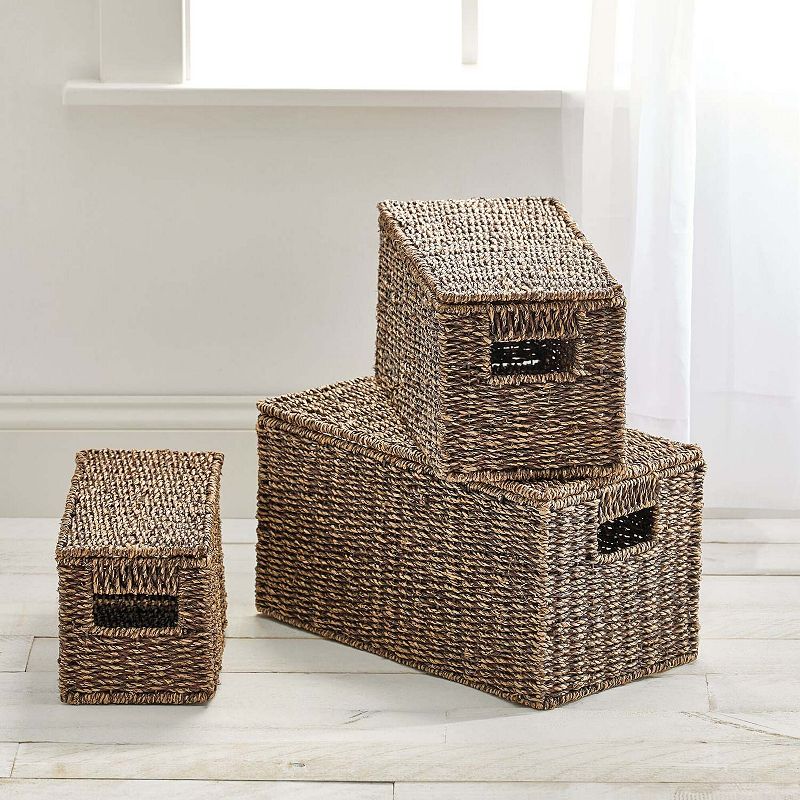 mDesign Woven Seagrass Home Storage Basket with Lid， Set of 3