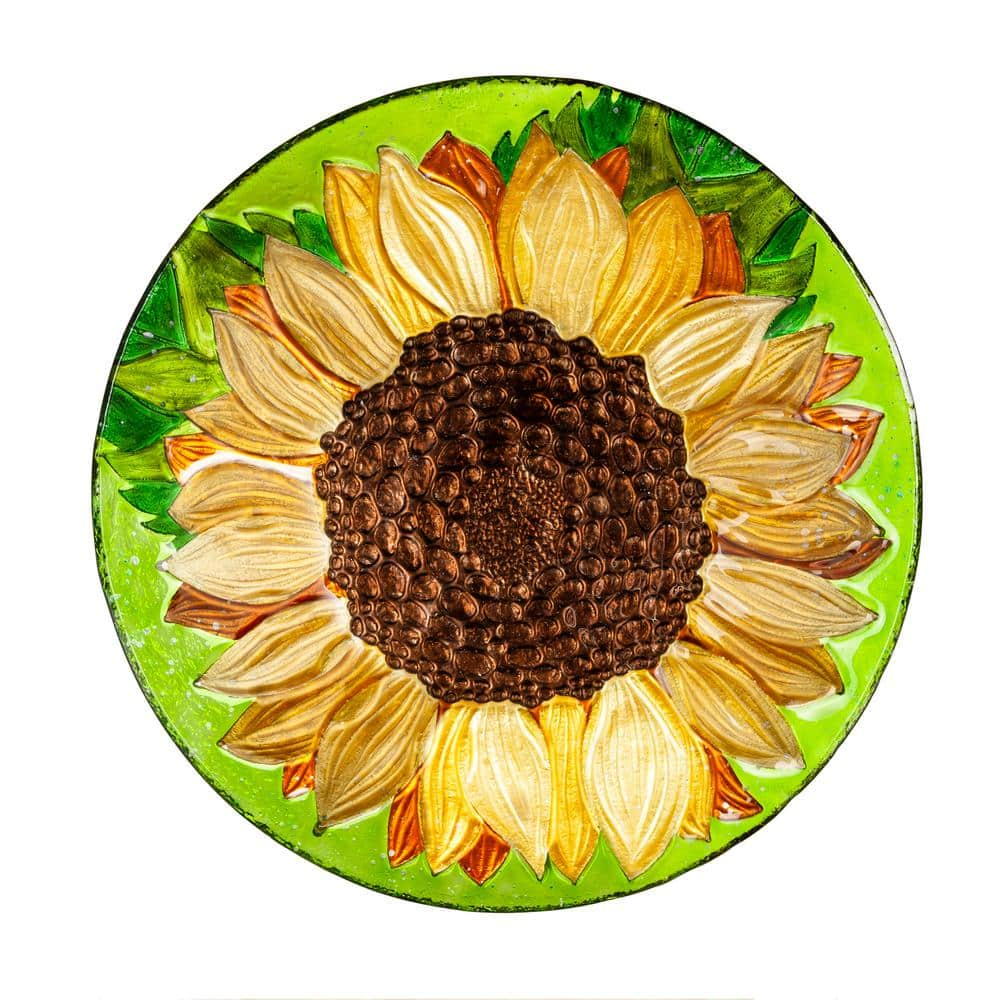 Evergreen 18 in. Fall Sunflower Hand Painted Embossed Glass Bird Bath 2GB6931