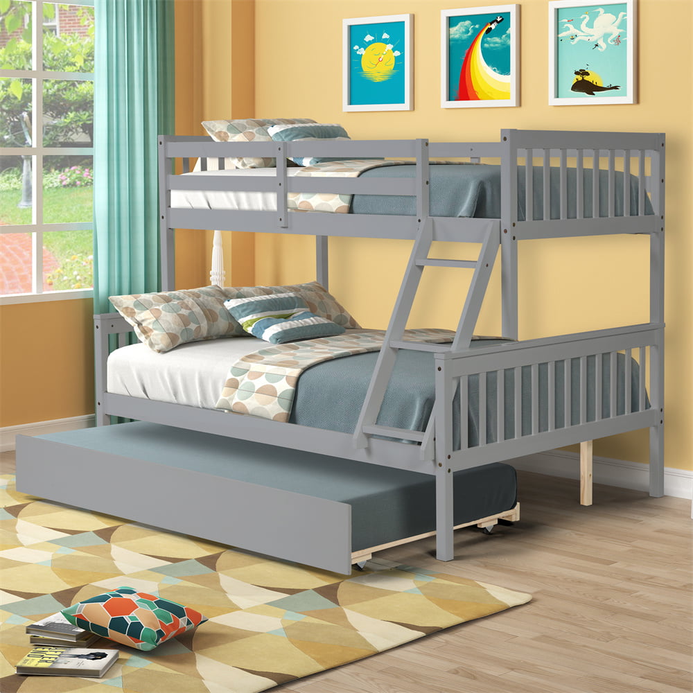 Vanelc Twin Over Full Bunk Bed with Trundle, Pine Wood Frame and Ladder with Guard Rails for Teens, Boys, Girls, Gray