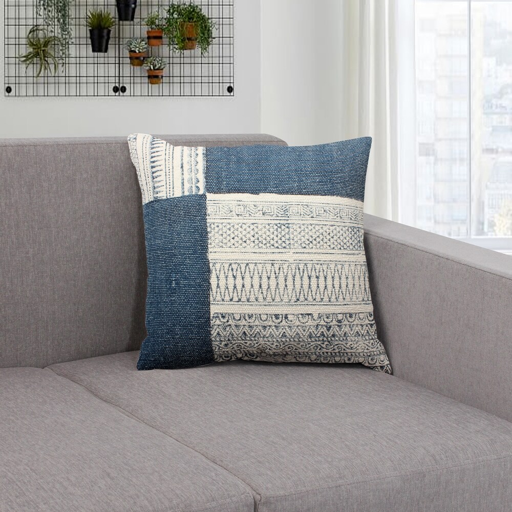 Dae 24 x 24 Square Handwoven Cotton Accent Throw Pillow  Classic Simple Kilim Pattern  Set of 2  Blue  Off White