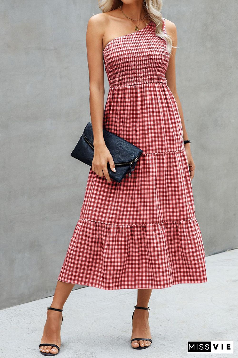 Plaid One Shoulder Pleated Ruffles Long Dress Wholesale