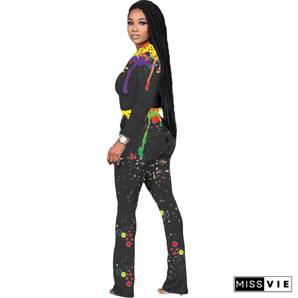 Splash Ink Printing Zip Crop Top And Pants Set