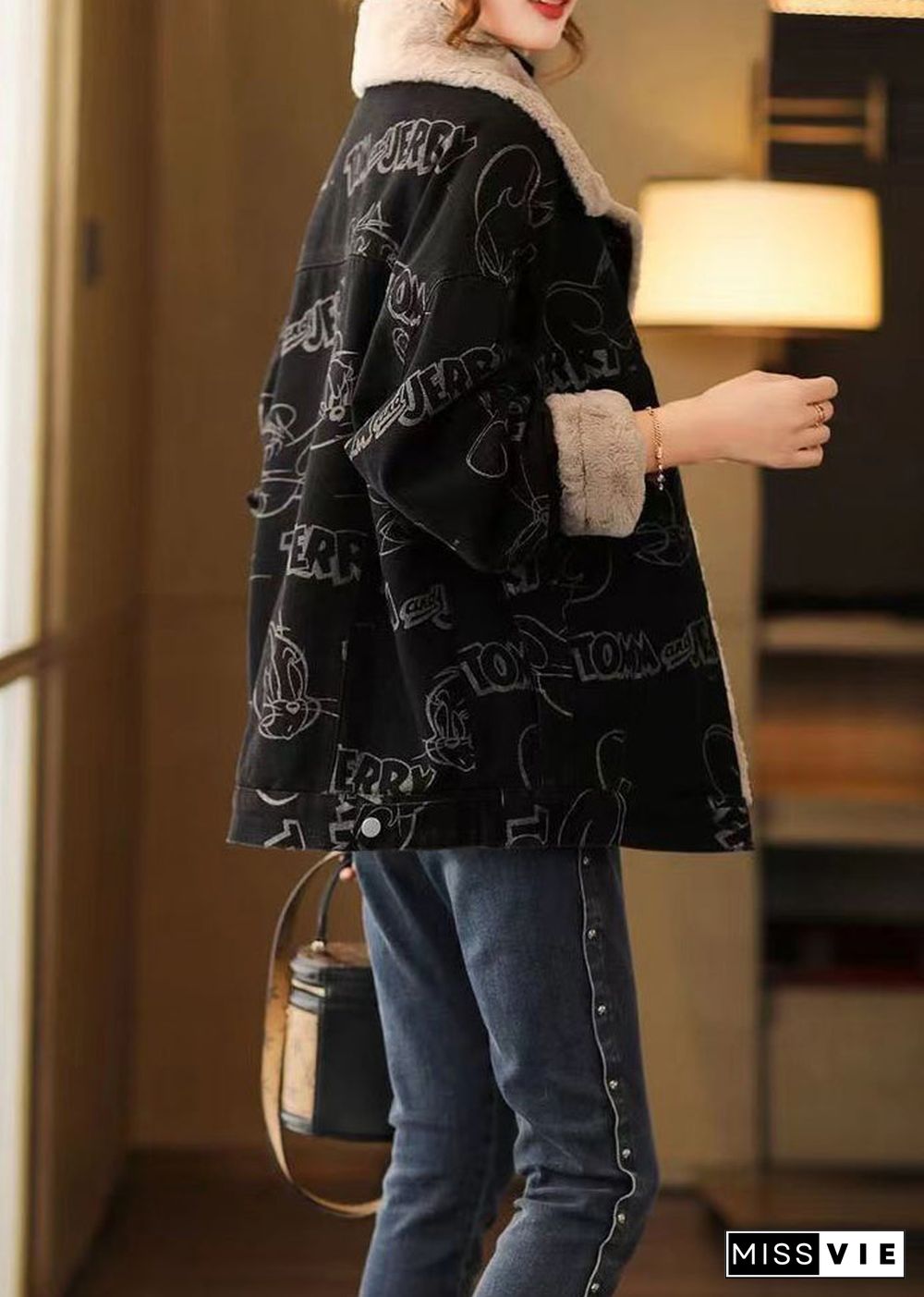 Plus Size Black Print Button Patchwork Warm Fleece Coat Winter