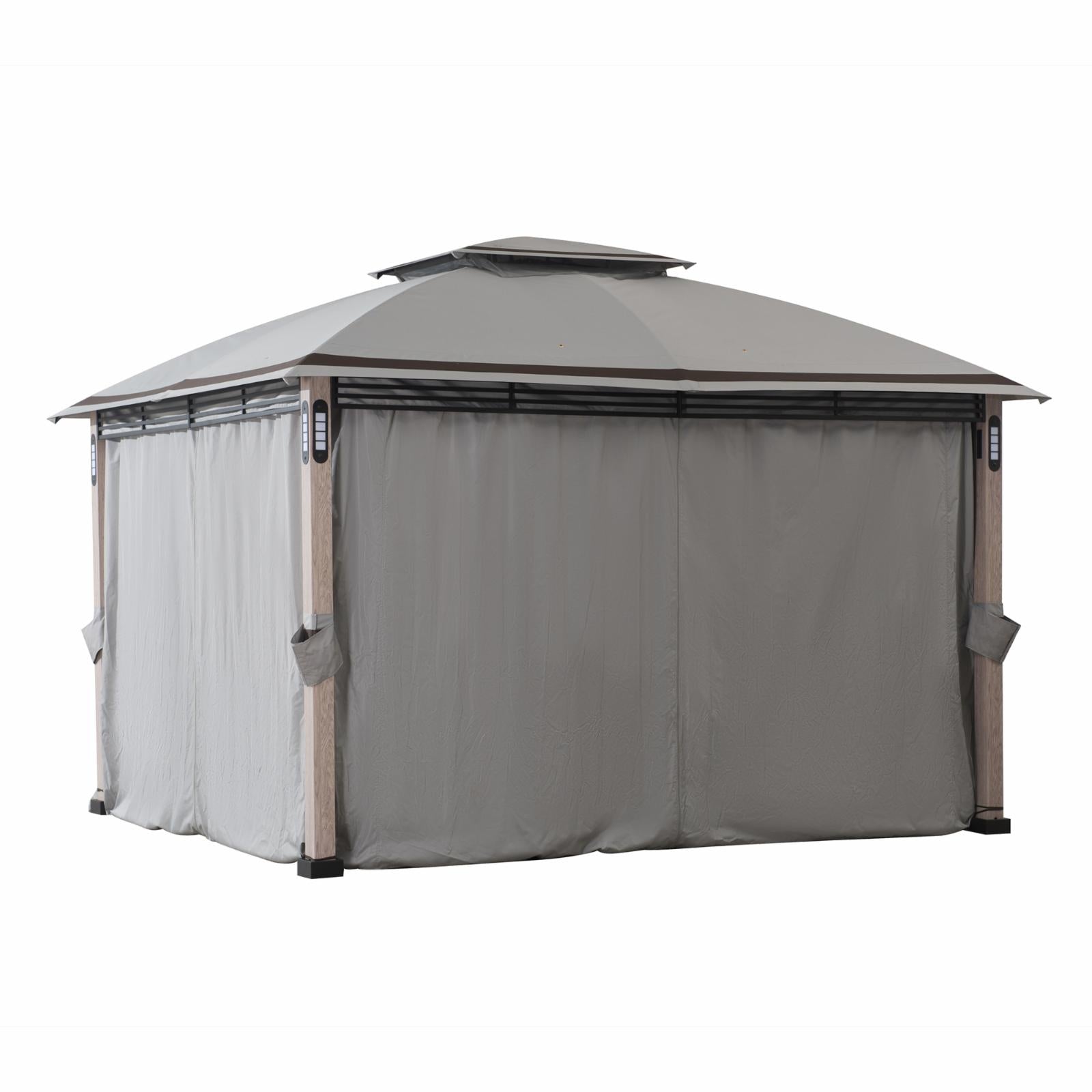 SummerCove Outdoor Patio 11x13 ft. Gray 2-Tier Backyard Soft Top Gazebo with LED Light, Bluetooth Speaker