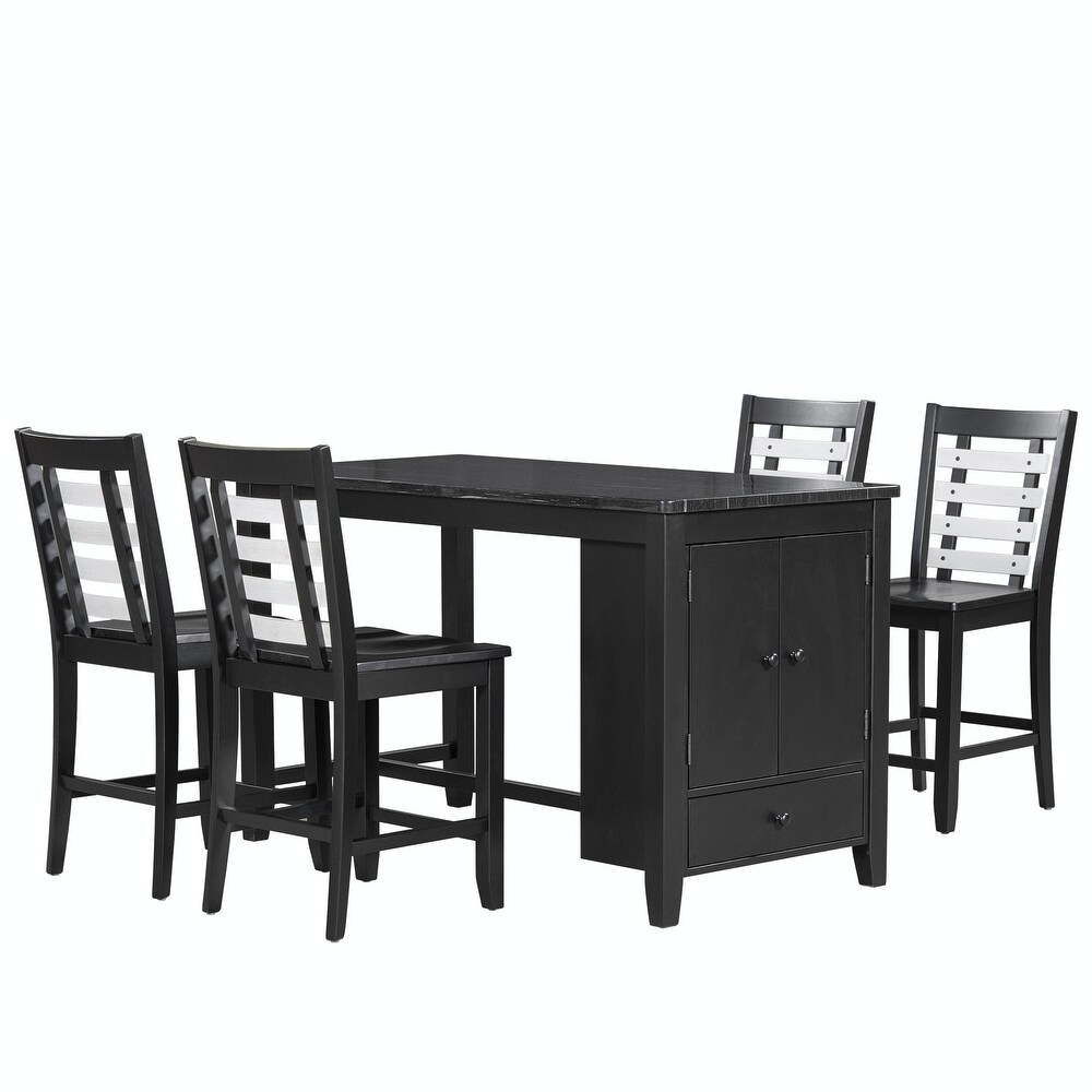 5 Piece Dining Set with Faux Marble Tabletop  Solid Wood  and Storage