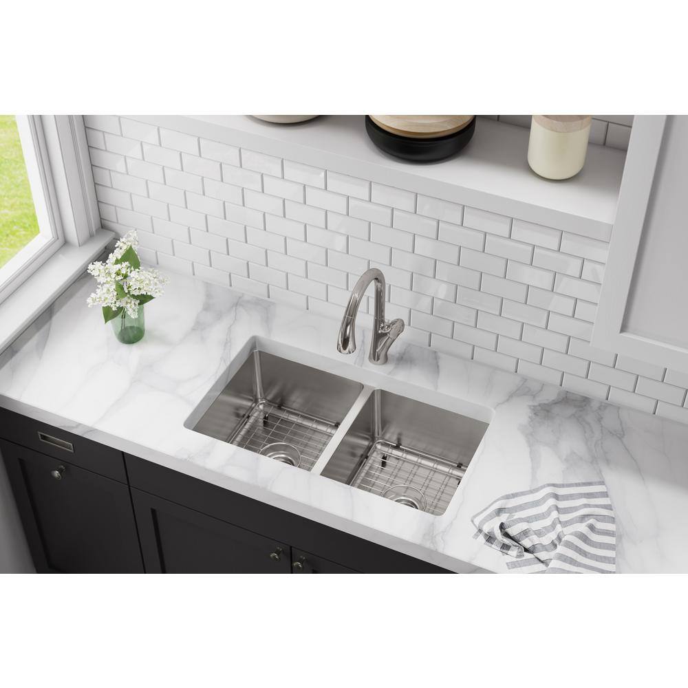 Elkay Avenue Drop-inUndermount Stainless Steel 33 in. 5050 Double Bowl Kitchen Sink with Bottom Grid and Drains VBTHD168