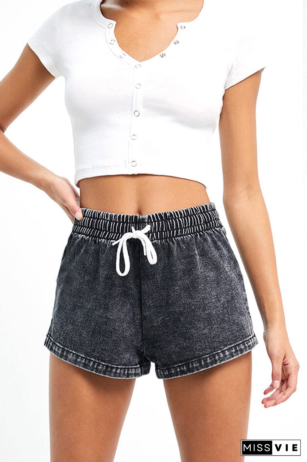 Black-Gray Drawstring Elastic Waist Denim Shorts