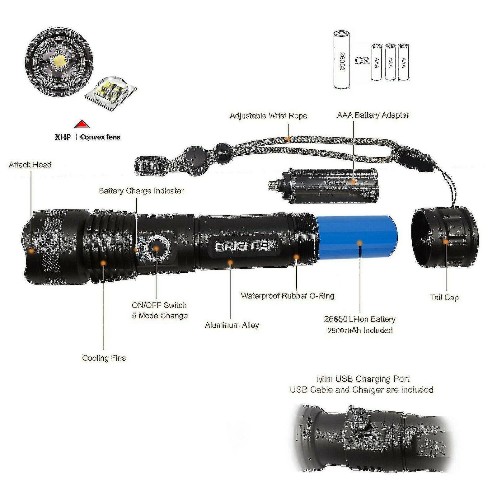 Super Bright 90000lm Led Tactical Flashlight With Rechargeable Zoomable