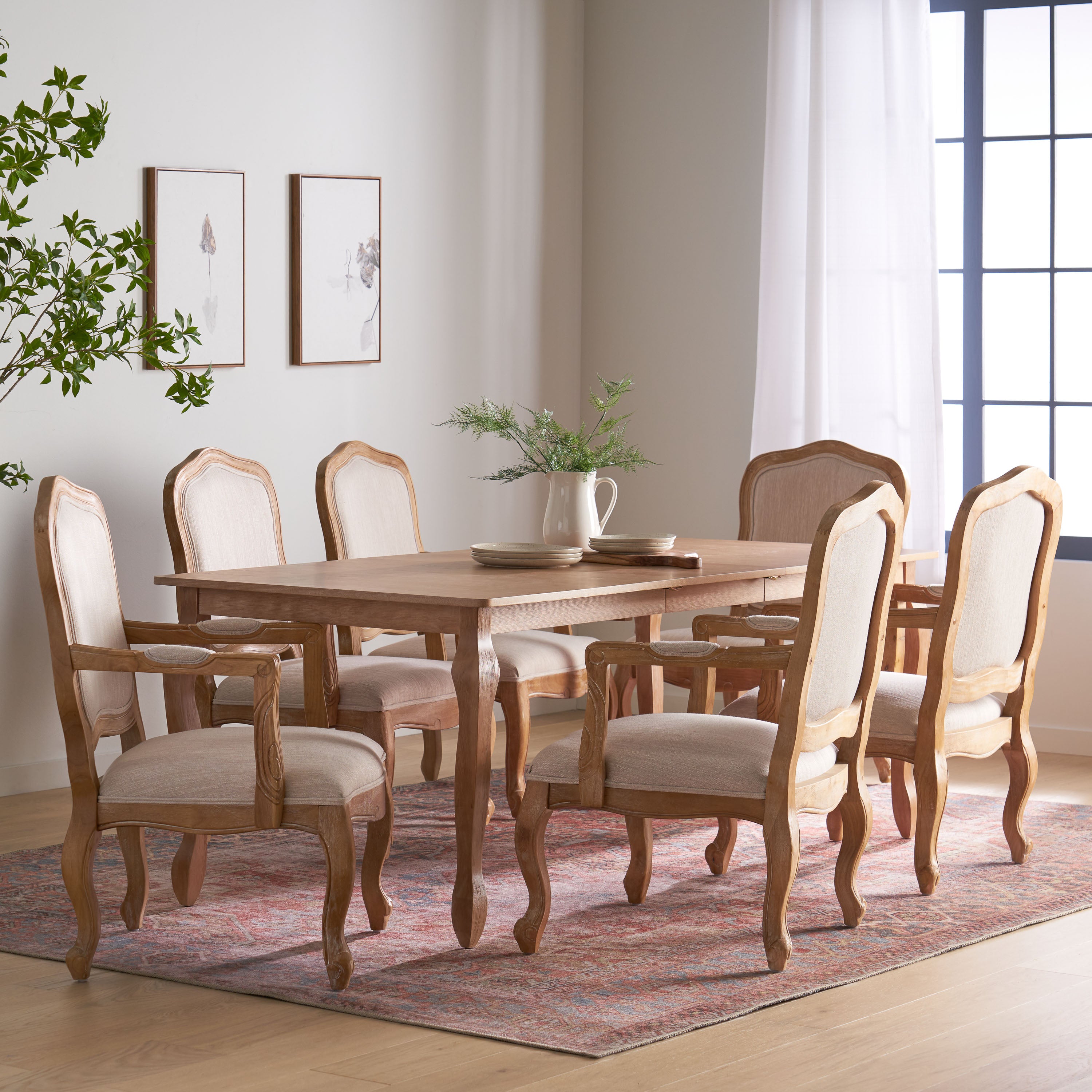 Bonview French Country Fabric Upholstered Wood Expandable 7 Piece Dining Set