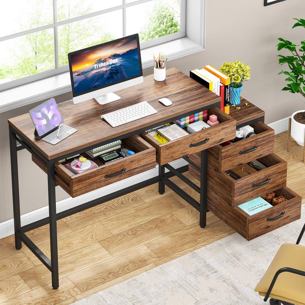 TRIBESIGNS WAY TO ORIGIN Cassey 51 in. Rectangular Brown Wood 5 Drawer Computer Desk Study Writing Desk for Home Office HD-JW0390