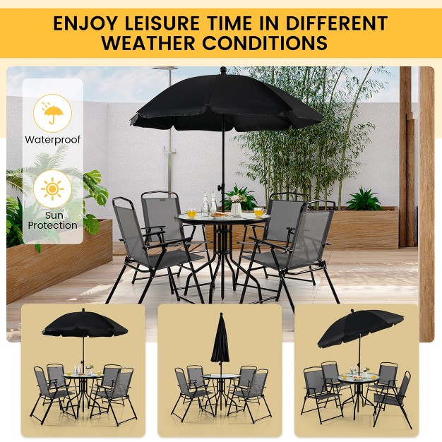 Costway 6 Pcs Patio Dining Set Folding Chairs Glass Table Tilt Umbrella Garden