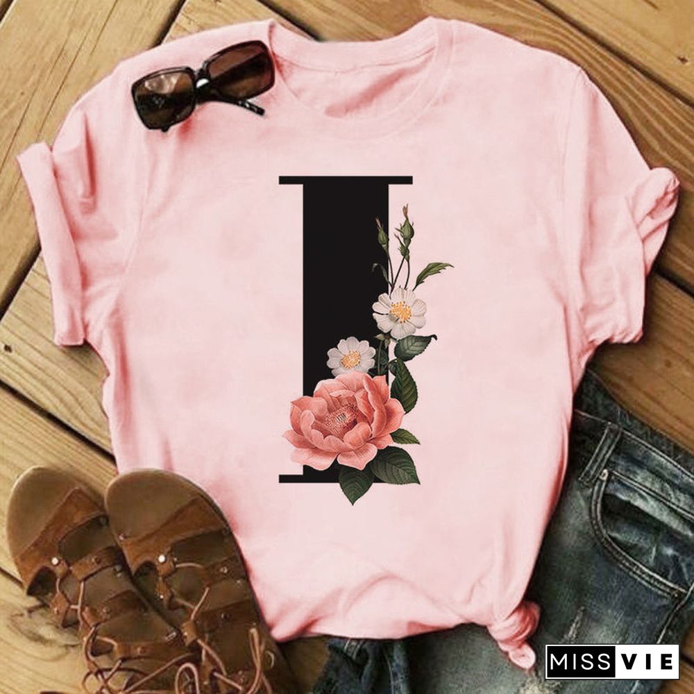 26 Letter Alphabet A-Z Women T-Shirts Fashion Breathable Flowers Short Sleeve Casual Tops Couple Basic Tee Crew Neck Clothes Top