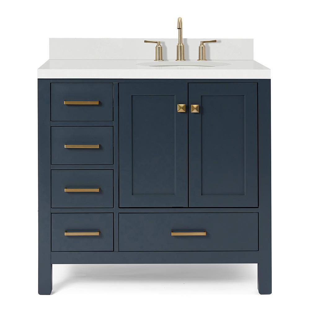 ARIEL Cambridge 37 in. W x 22 in. D x 35 in. H Vanity in Midnight Blue with Quartz Vanity Top in White with Basin A037SRWQOVOMNB